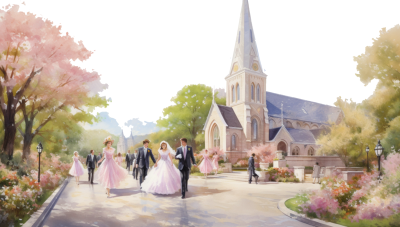 Watercolor of Elegant wedding party leaving church in Maryland, DC or Virginia by Vintagelimos.BIZ